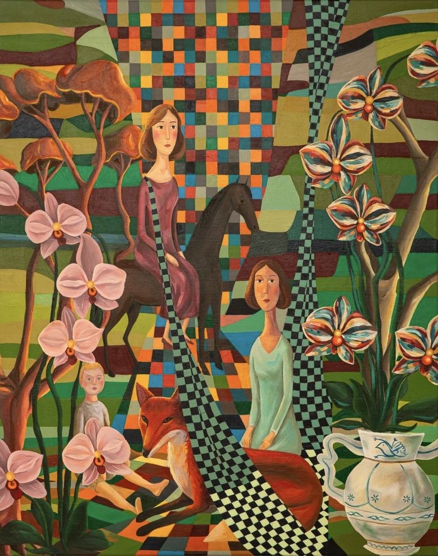 O labirinto das petalas 100x80 cm Acrilico sobre tela lapis de cor e apontamentos a pastel de oleo